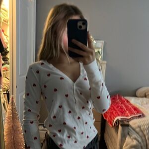 Victotia’s Secret White Long Sleeve Pajama Top with Red Heart Print